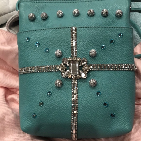 Handbags - Aqua Leather Rhinestone Crossbody Bag